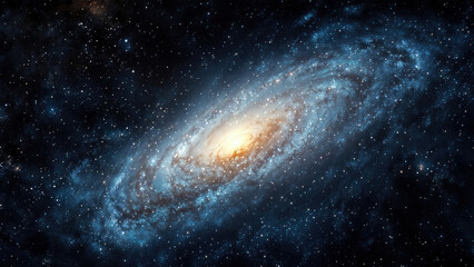 Fototapeta premium Breathtaking view of a spiral galaxy with a bright core, surrounded by countless stars and dark dust lanes. High quality photo