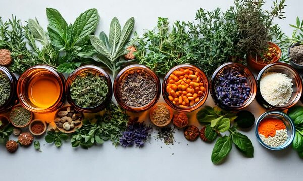 Assortment of Herbs and Spices in Glass Jars