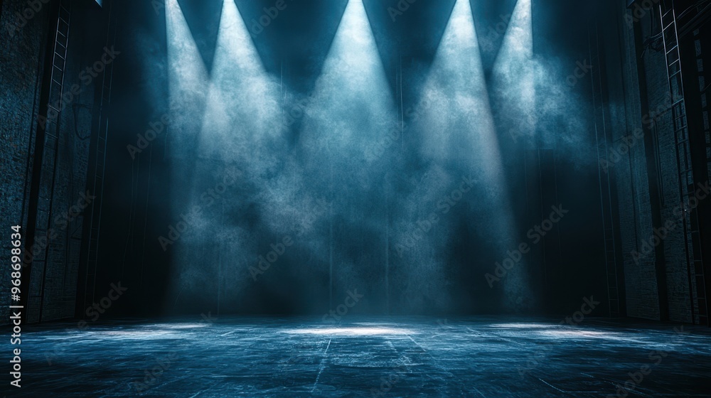 Poster dramatic empty stage set with intense spotlights casting shadows on floor in atmospheric theatrical 