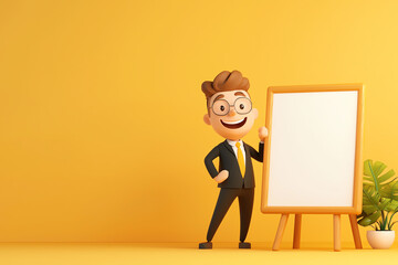 Cheerful cartoon character standing next to a blank easel, perfect for presentations or teaching concepts in a vibrant setting.