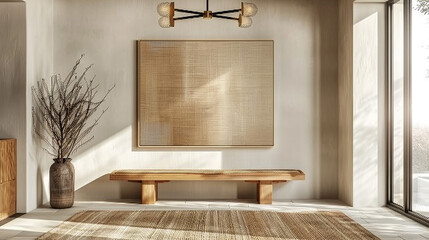 A mid-century inspired entryway featuring a light wooden bench, a large abstract wall art piece, and a brass chandelier. 