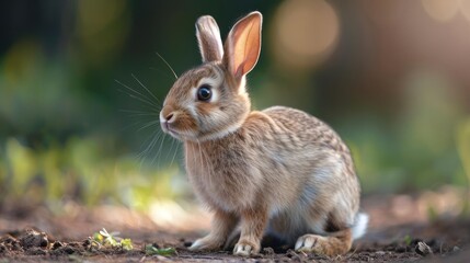 Fototapeta premium A cute bunny with big, alert ears and an inquisitive look is captured in the foreground,