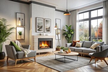 Scandinavian interior design of modern living room, home with fireplace and big poster frame