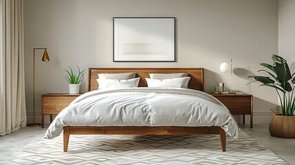 A mid-century modern bedroom with a walnut platform bed, neutral bedding, and a geometric patterned area rug. The room features minimalist wooden nightstands, and a sleek brass floor lamp.