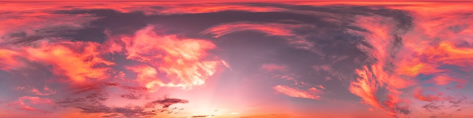 Sunset sky with bright glowing pink Cumulus clouds. Seamless spherical HDR 360 panorama. Full zenith or sky dome in 3D, sky replacement for aerial drone panoramas. Climate and weather change.