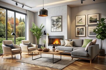 Scandinavian interior design of modern living room, home with fireplace and big poster frame