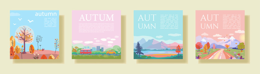Naklejka premium A collection of four square vector posters, each depicting an autumn-themed illustration. The designs include landscapes, foliage, and seasonal elements in a flat, pastel-toned style, perfect for