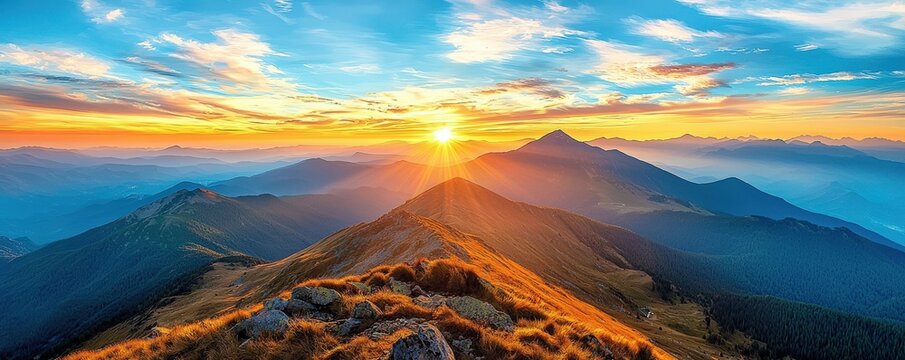 Mountain landscape at sunset, dramatic sky with vibrant colors, glowing horizon, serene and majestic scenery, high-quality stock image