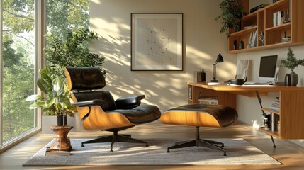 The modern minimalist interior design of the office has a comfortable computer. The warm lighting gives a relaxing feeling while working at home.