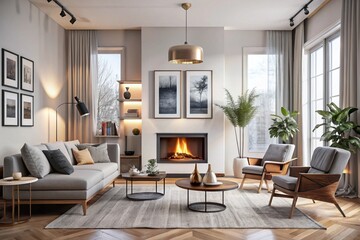 Fototapeta premium Scandinavian interior design of modern living room, home with fireplace and big poster frame