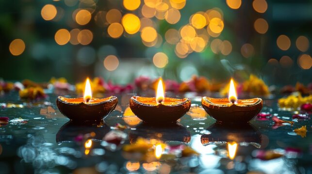 Oil lamps and diyas for Diwali festival, symbolic lighting traditions, Hindu Festival of Lights, serene festive atmosphere, high-quality stock image for Diwali