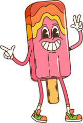 Retro cartoon groovy ice cream dessert character with a big, happy grin. Isolated vector popsicle personage striking a fun pose with hand showing peace sign. Summer treat personage in funky sneakers