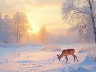 A Spotted Deer Grazes in a Snowy Winter Landscape at Sunrise
