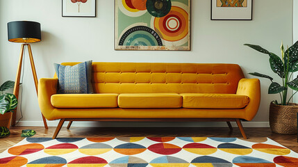 A retro-inspired living room with a mid-century modern sofa in a bold, mustard yellow fabric, paired with a vintage wooden coffee table and a geometric patterned rug. 