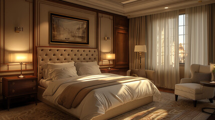 A serene bedroom with a king-sized bed, a padded headboard, and soft bedding in calming colors. The room includes a cozy seating area by the window and built-in bedside tables with elegant lamps.