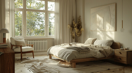 A serene bedroom with a Scandinavian design, featuring a low wooden bed frame, soft gray bedding, and minimalist decor. 