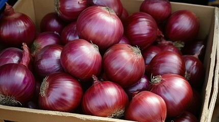 Obraz premium Fresh onions in a wooden box, ready for export, closeup