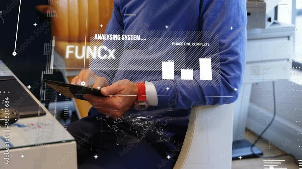 Aufkleber animation of data processing and diagrams over biracial businessman using tablet