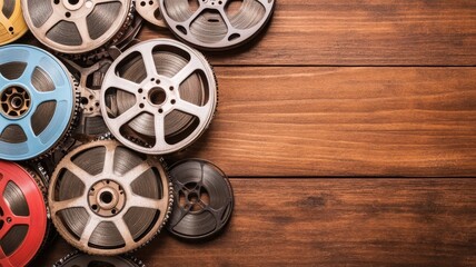 Fototapeta premium Vintage film reels arranged on a wooden surface, adding a classic touch to any creative project or nostalgic theme.