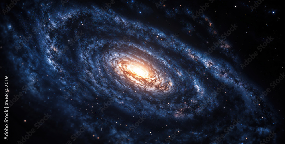 Poster spiral galaxy with glowing core surrounded by dark cosmic clouds and stars. outer space and astronom