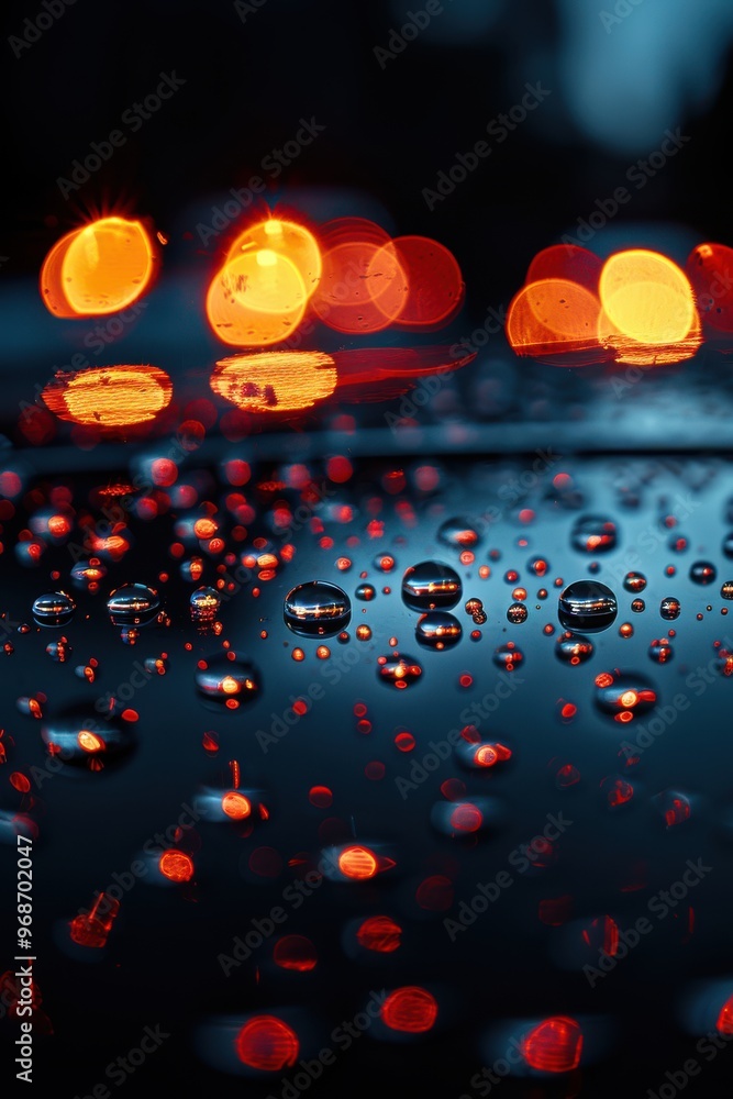 Aufkleber close-up of raindrops on a surface with blurred city lights, creating a moody and atmospheric effect