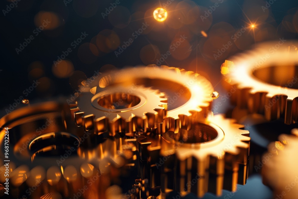 Poster close-up of shiny gears interlocking, showcasing intricate details and craftsmanship with a blurred 