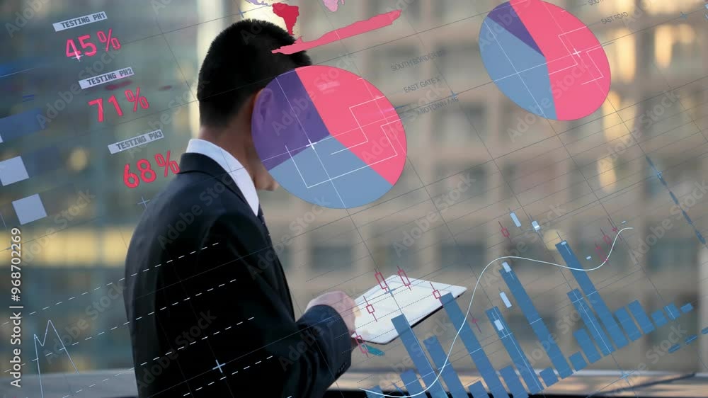 Poster animation of data processing and diagrams over asian businessman using tablet