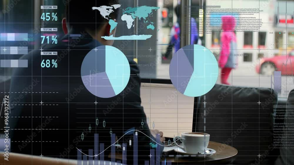 Poster animation of data processing and diagrams over biracial businessman using laptop