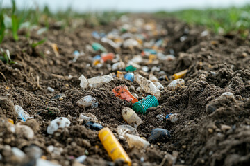 Plastic waste is scattered across agricultural soil, showcasing environmental pollution and contamination.