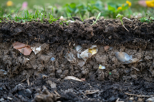 A cross-section of soil reveals buried plastic debris, illustrating pollution and environmental contamination.