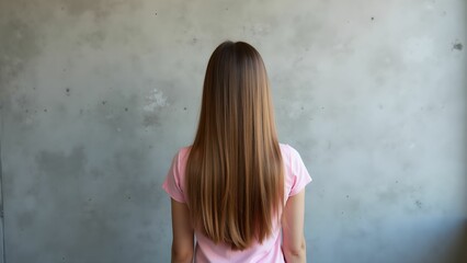 Naklejka premium A girl with long hair stands with her back to the camera against a gray concrete wall