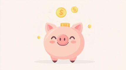 Fototapeta premium Cute flat piggy bank with coins vector illustration, smiling pink cartoon pig in a simple design isolated on a pastel background.