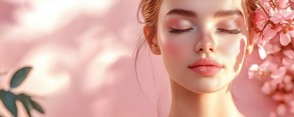 Radiant skin with makeup routine, luxurious stock photo, high-quality beauty soft pastel color...