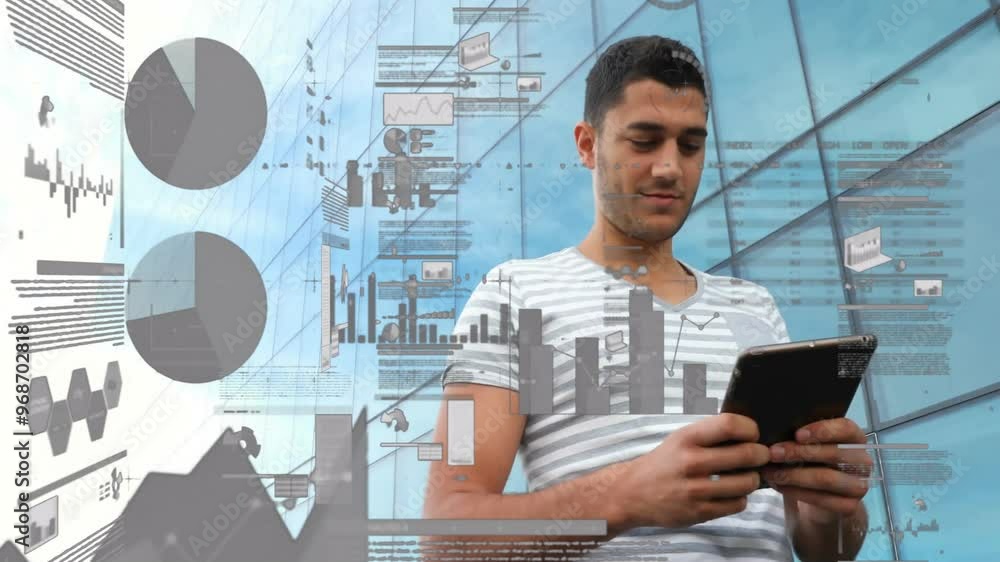 Poster animation of data processing and diagrams over biracial businessman using tablet