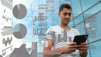 Animation of data processing and diagrams over biracial businessman using tablet - Powered by Adobe