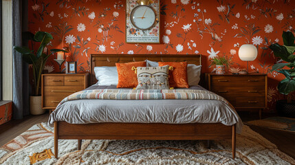 A stylish retro bedroom with a sleek, low-profile platform bed with a bold floral headboard, a vintage dresser with brass handles, and a shaggy area rug. 
