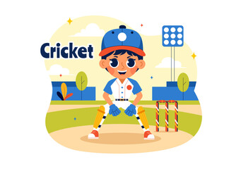 Batsman Playing Cricket Vector Illustration with Bat and Ball on the Field for Championship Tournament League In a Flat Style Cartoon Background