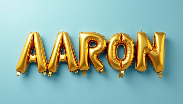 AARON Golden 3D Balloon Letters on Solid Color Background