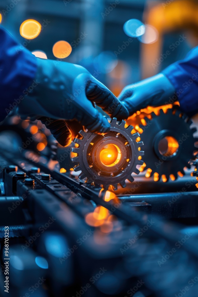 Poster close-up view of hands assembling gears in a factory, showcasing precision engineering and modern te