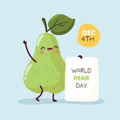World pear day. Cute pear holding a poster