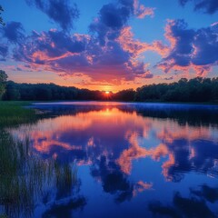 Sunset Reflection in Calm Lake Water