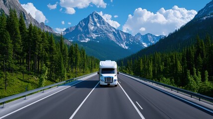 A truck driving on a scenic highway surrounded by majestic mountains and lush green forests under a bright blue sky.