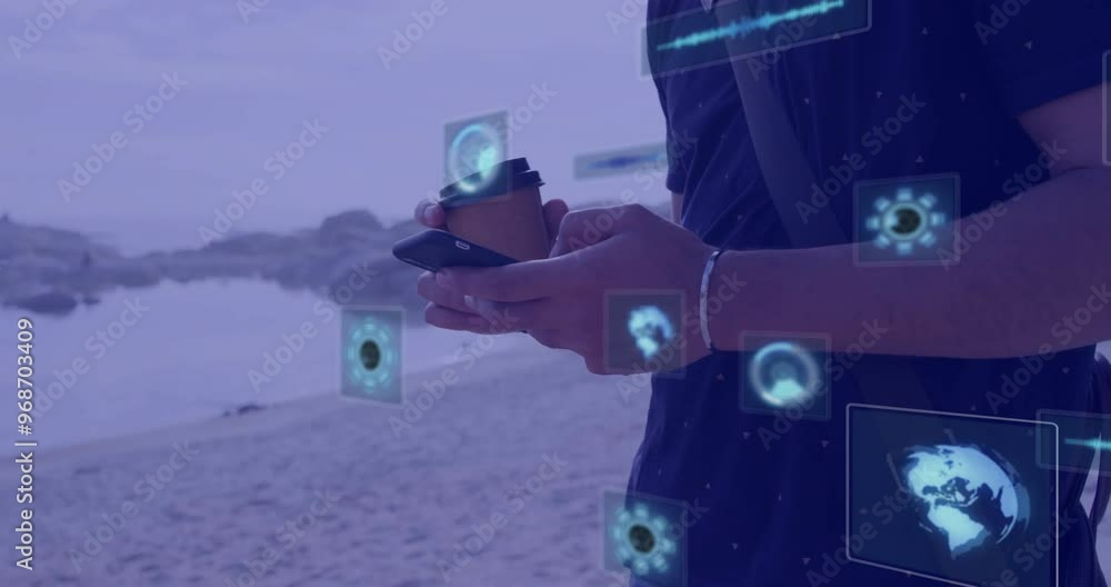 Poster animation of digital screens with data over caucasian man using smartphone