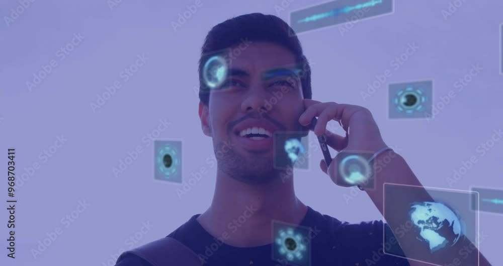 Aufkleber animation of digital screens with data over biracial man using smartphone