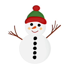 Snowman with face and smile in red and green hat and branches in hands, isolated on transparent and white background. Vector illustration. Close-up element for winter and Christmas design.