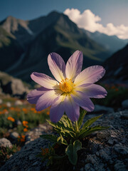 Luminous flower in mountains during the day on vertical background.