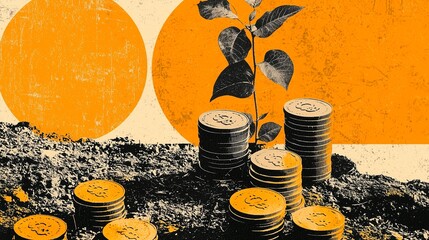 Art collage of stacked coins and a growing plant symbolizing investment growth and strategy.
