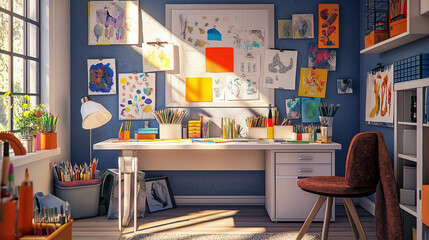 interior of a restaurant, A stylish chair with a cushioned seat complements the desk, and there are art displays and drawings pinned to a corkboard
