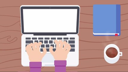 Person working on laptop top view. man typing on laptop keyboard, animation video 