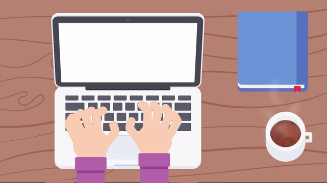 Person working on laptop top view. man typing on laptop keyboard, animation video 